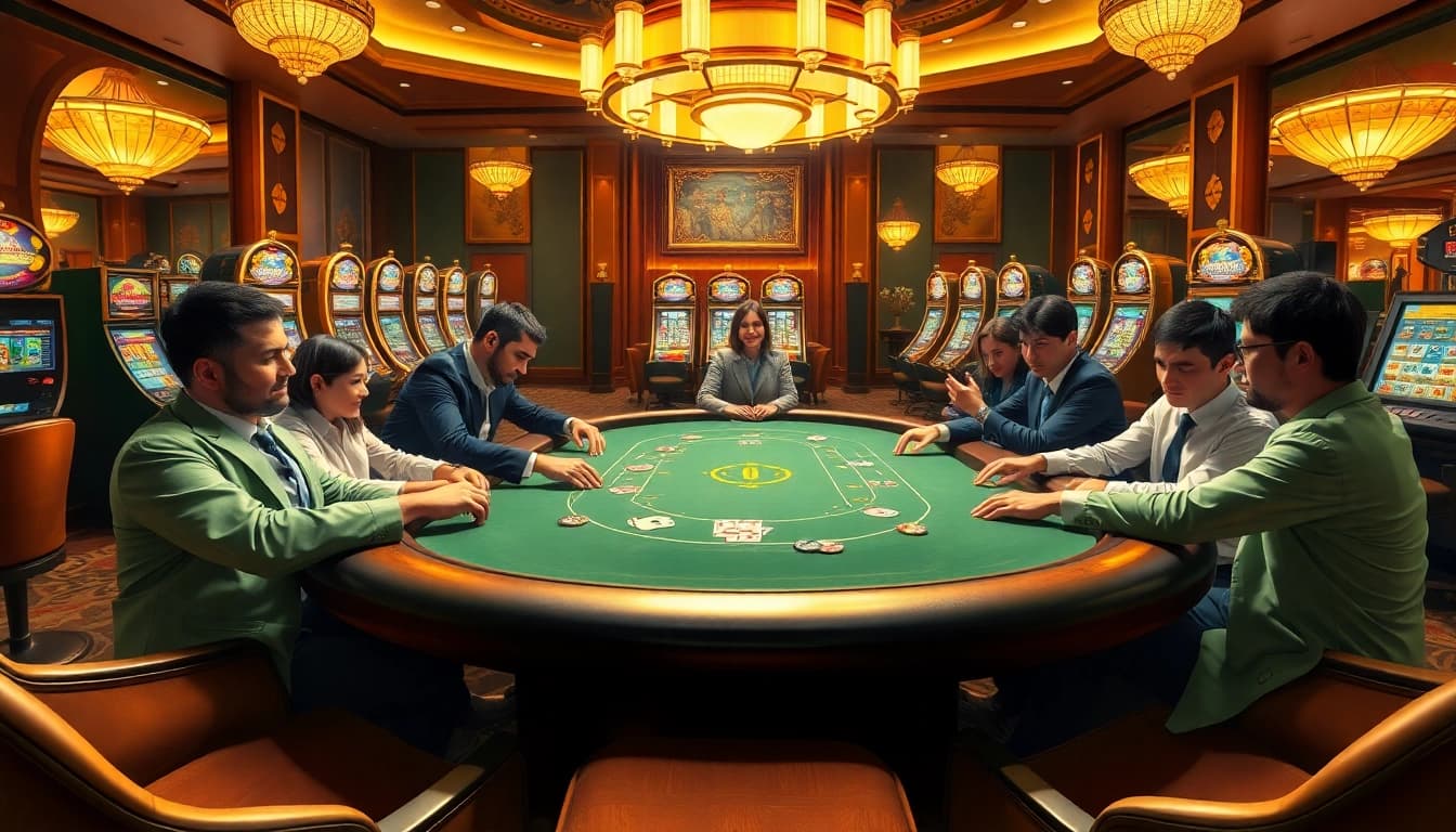 Agen SBOBET kartu poker dan pemain di kasino mewah dengan suasana yang menggembirakan.