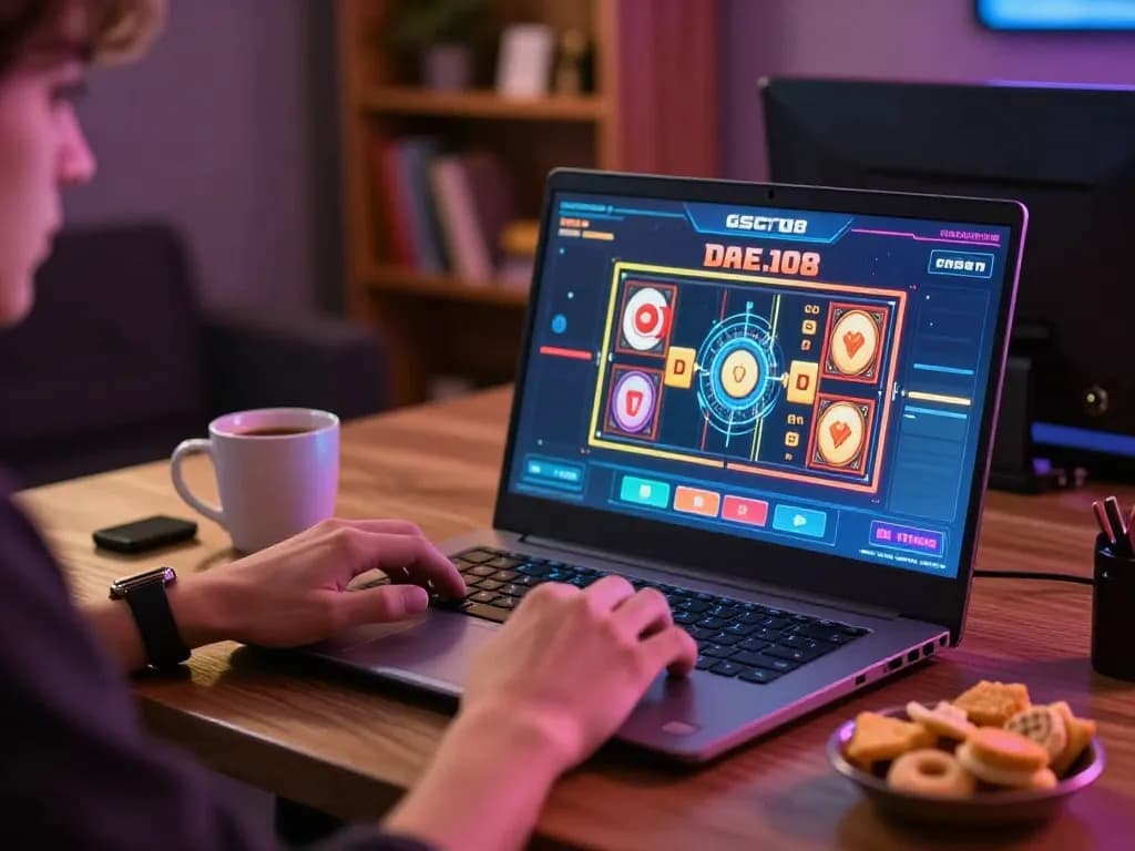 Berkaitan dengan GSC108 Daftar di laptop dalam pengaturan permainan online yang nyaman, menyoroti perjudian yang bertanggung jawab.
