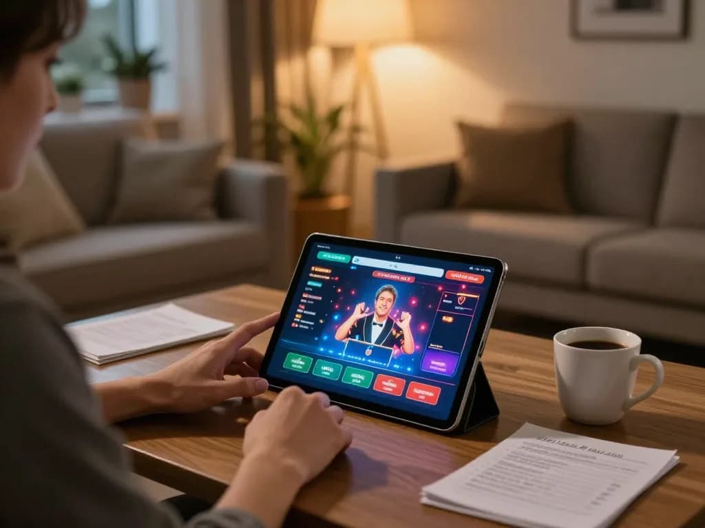 Engaging with bet88 app on tablet in a cozy gaming room, illustrating online gambling.