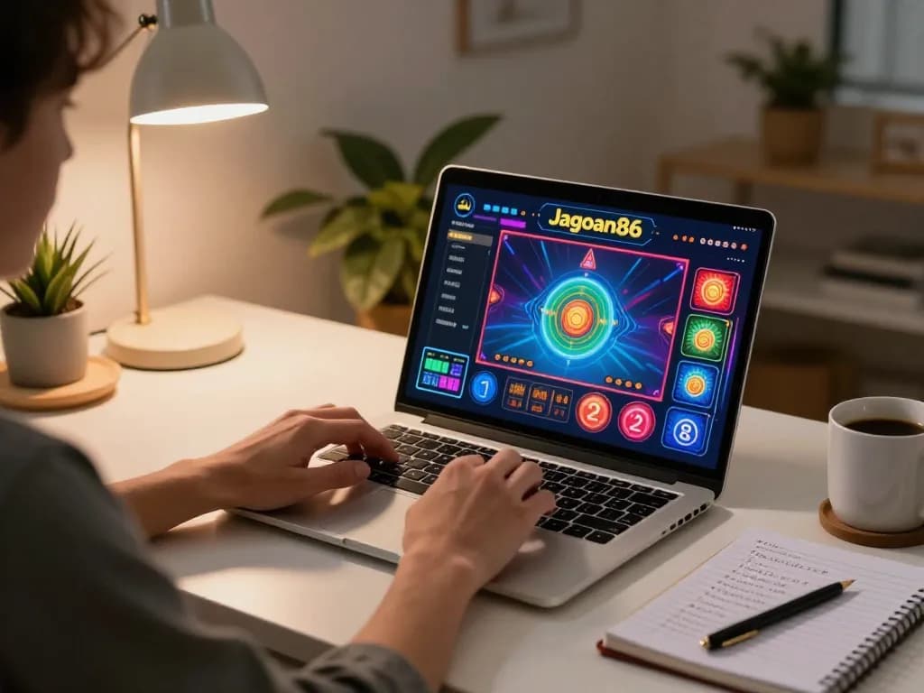 Engaged gamer immersing in jagoan86 online casino gameplay from a stylish home office, laptop on desk.