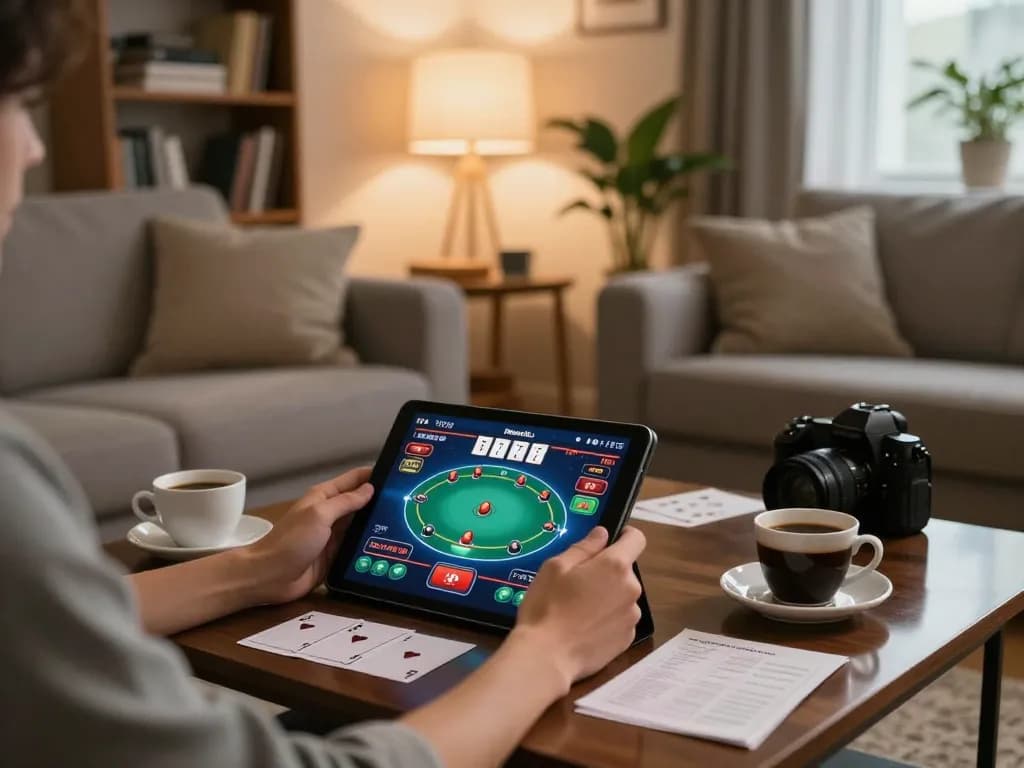 Player enjoying Casino Online gaming on tablet at home with cozy ambiance and strategy notes.