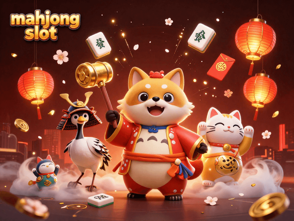 Engage with mahjong slot and luck as tanukis and cranes bring fortune in this vibrant 3D illustration.