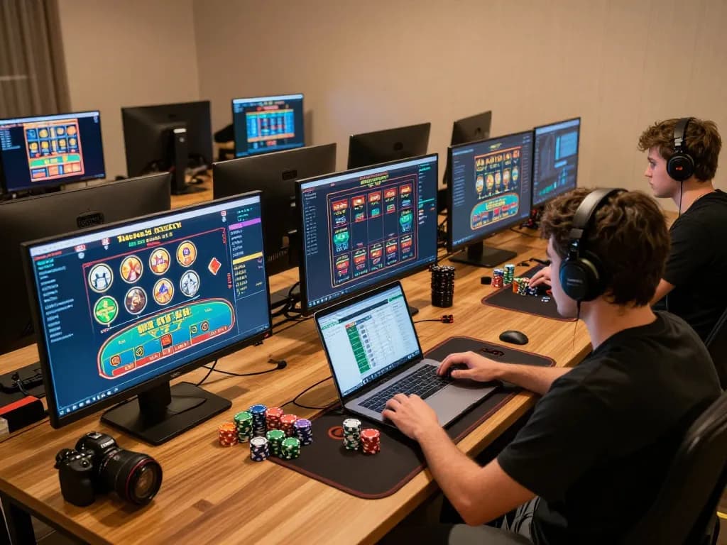 Cucu777 user engaging with multiple online casino games in an immersive gaming setup