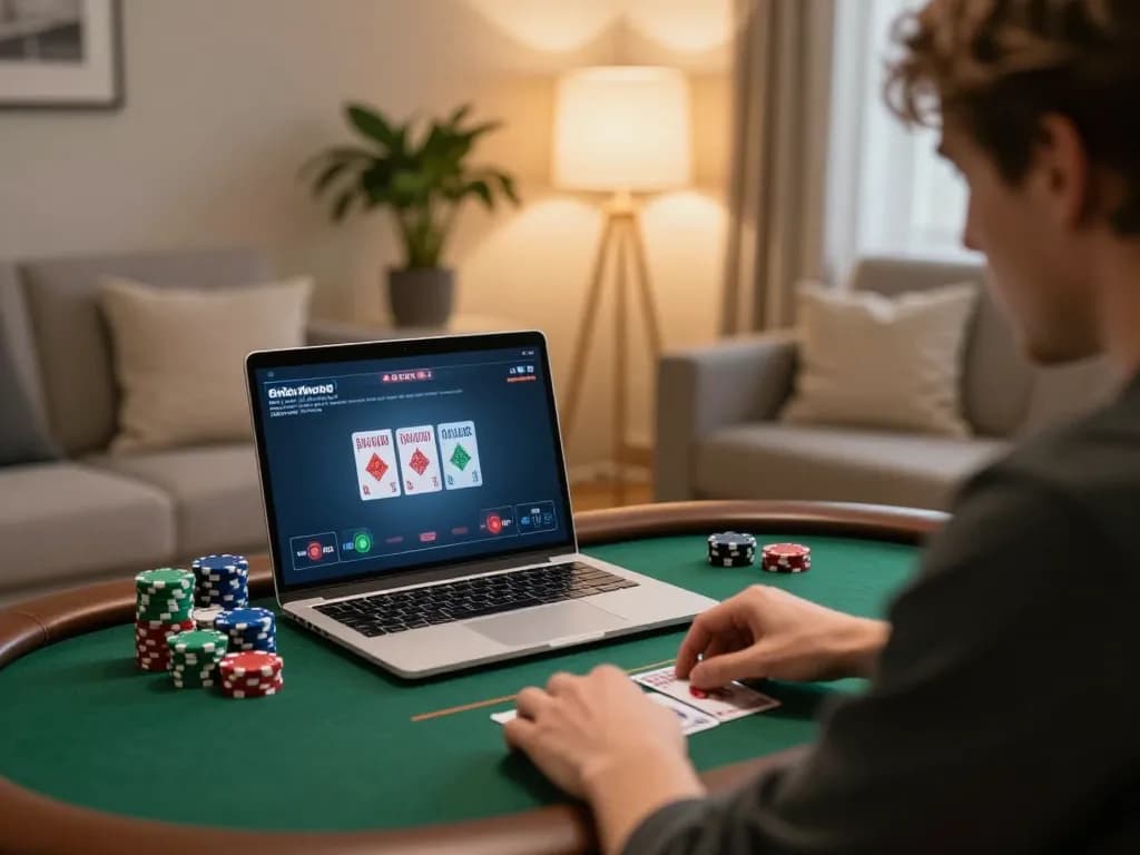 Player enjoying RR88 online poker, chips and cards visible, cozy home setting, warm lighting.