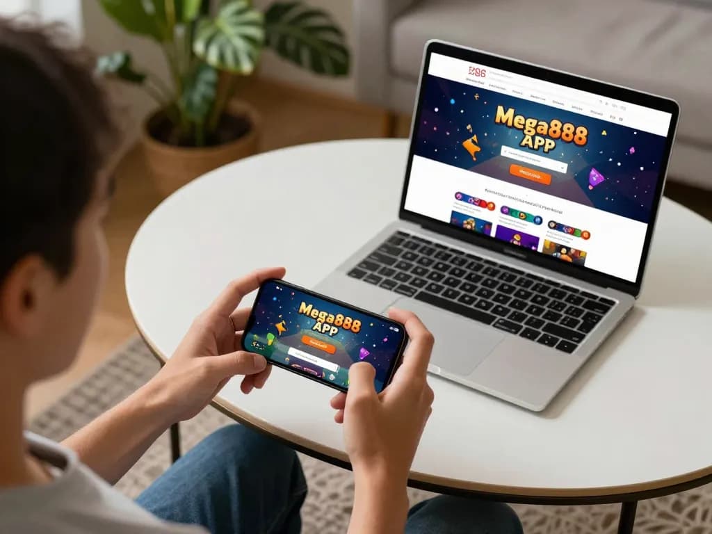 Engaged user playing mega888 apk on smartphone during home gaming session with laptop nearby.
