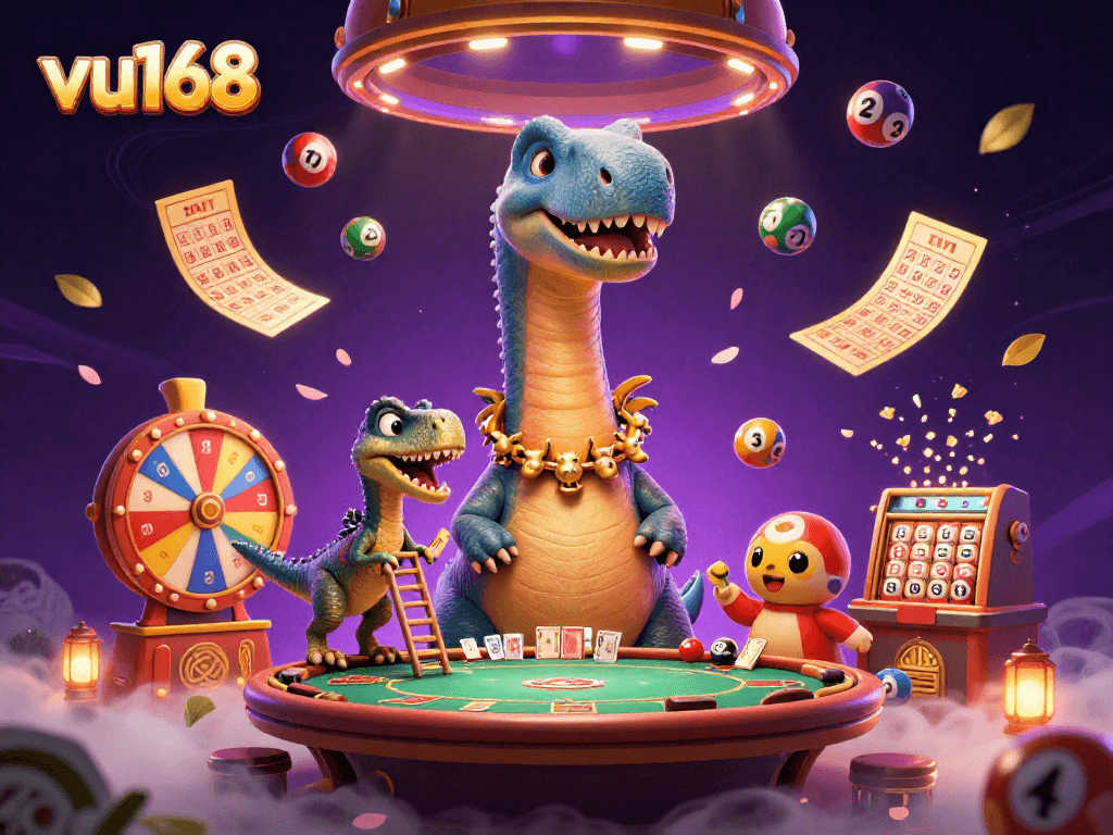 Engage with vu168's dynamic casino scene featuring colorful elements and animated characters.