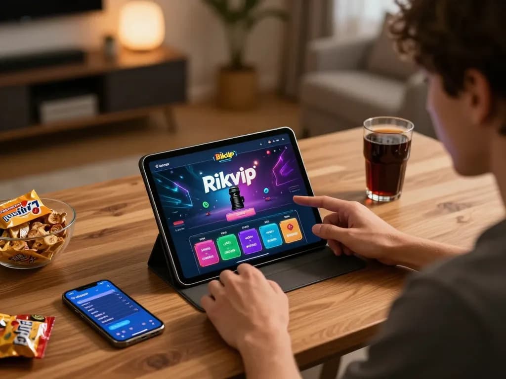 Player engaging with the Rikvip app on a tablet, showcasing online casino gaming excitement.