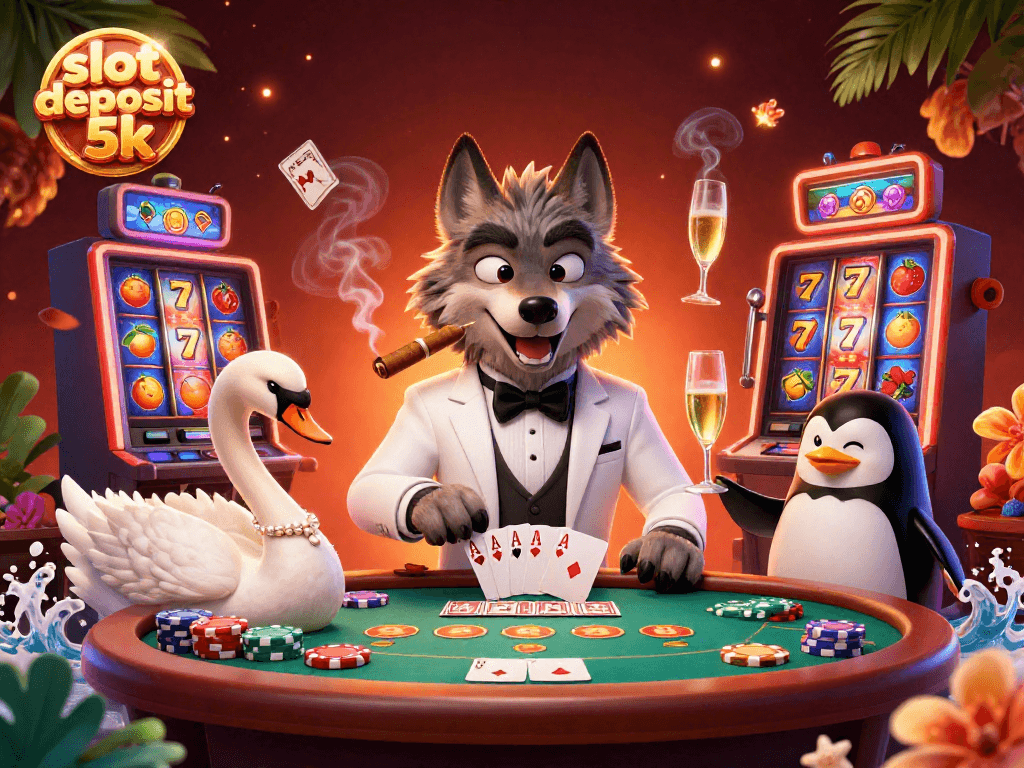 Experience excitement with the slot deposit 5k animated scene, showcasing vibrant slots and a dynamic casino atmosphere.