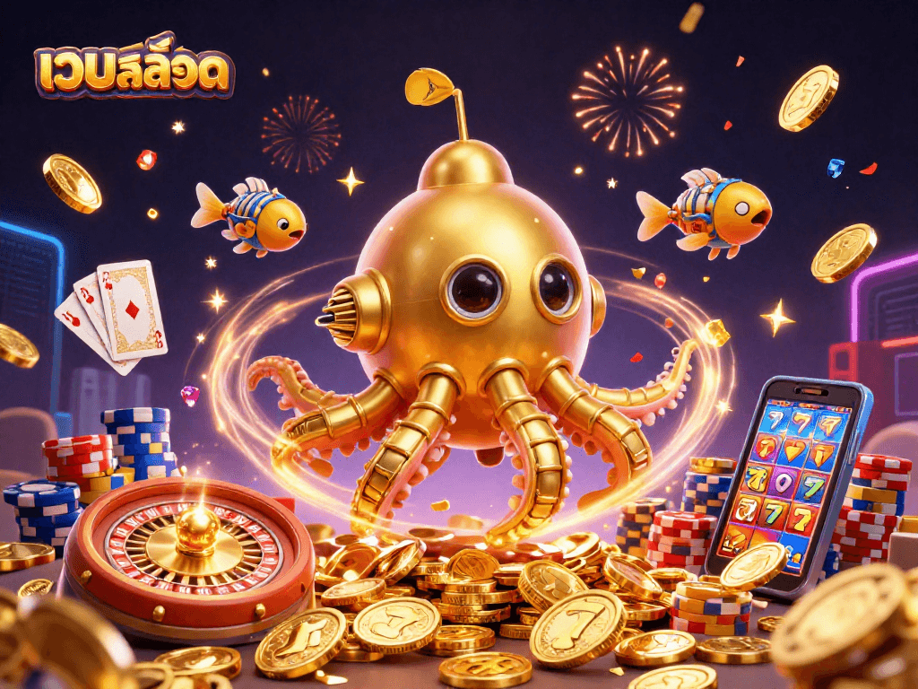 Experience thrilling gameplay at เว็บสล็อต with a golden kraken submarine and mechanical fish amidst golden coins.