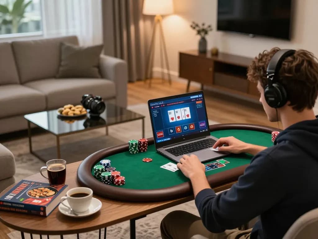Player analyzing poker strategy on tt88 online gambling platform at home.