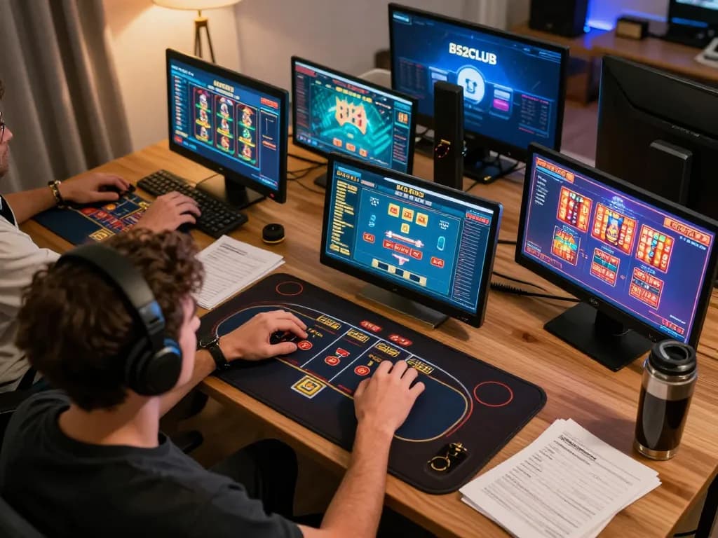 B52CLUB player strategizing for online poker and slots in cozy home office