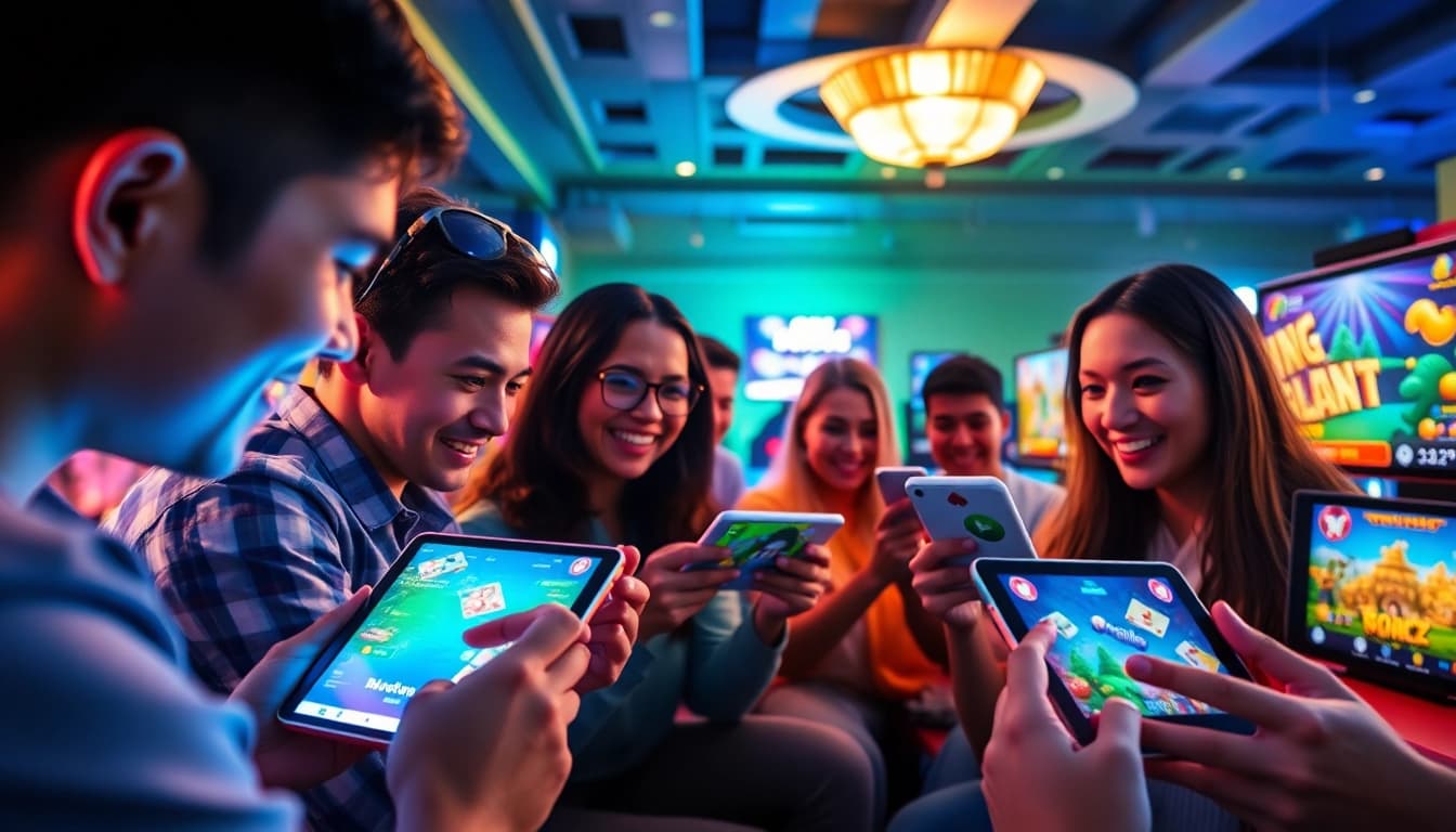 GO88 online gaming environment with players engaged in diverse games on smartphones and tablets.