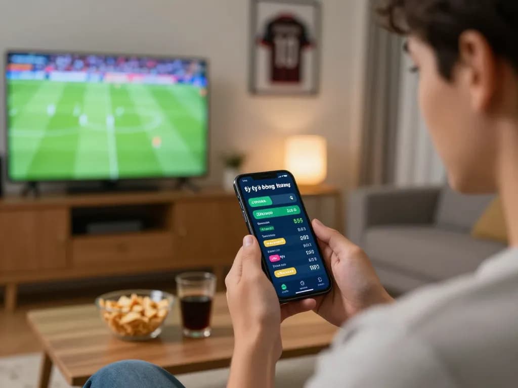 The enthusiast checks tỷ lệ bóng đá hôm nay on their smartphone while watching a football match.