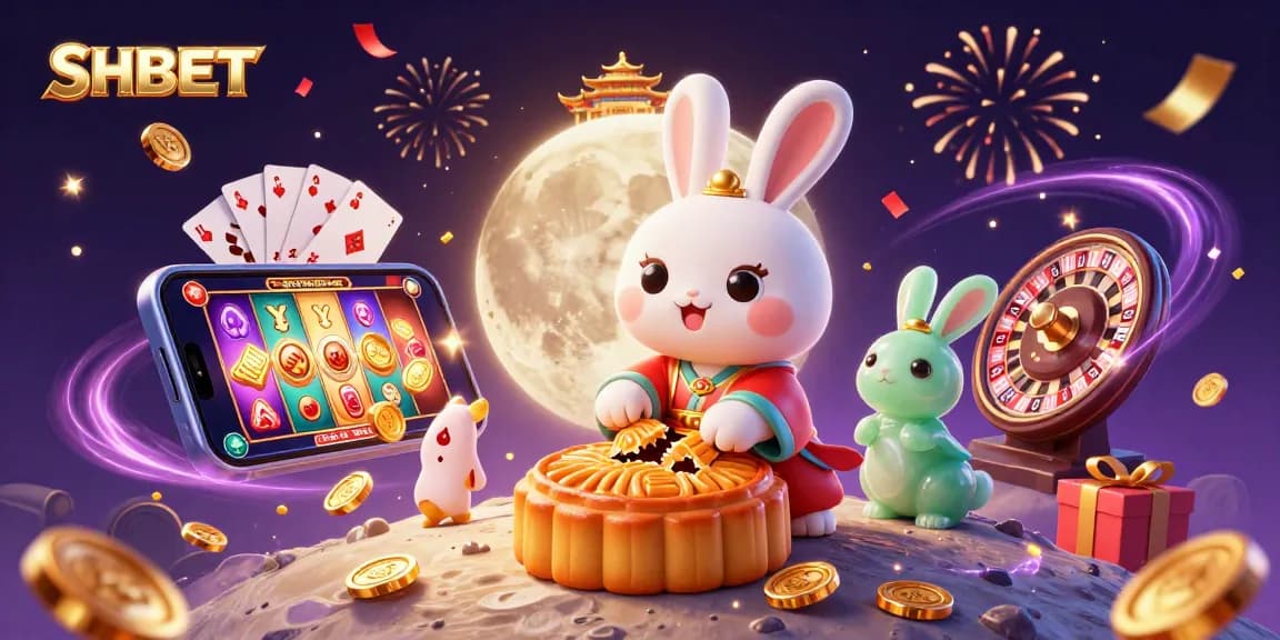 Engage with SHBET's online casino magic as the moon rabbit celebrates winnings.