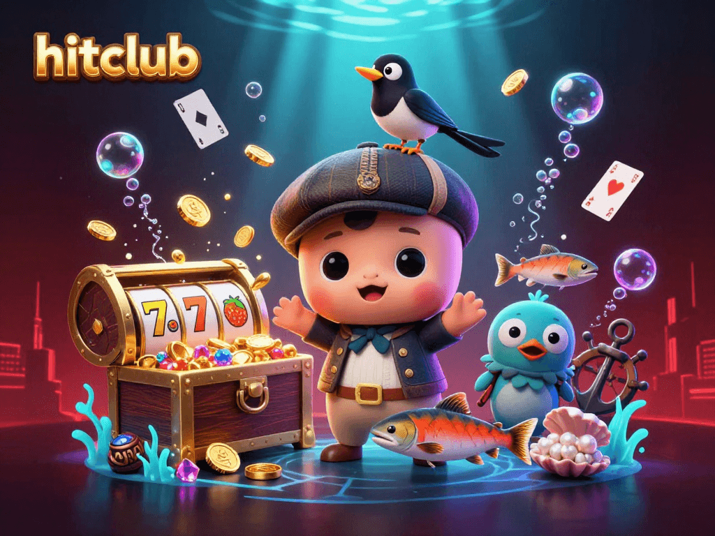 Experience exciting games at hitclub with 3D cartoon characters and vibrant casino elements.