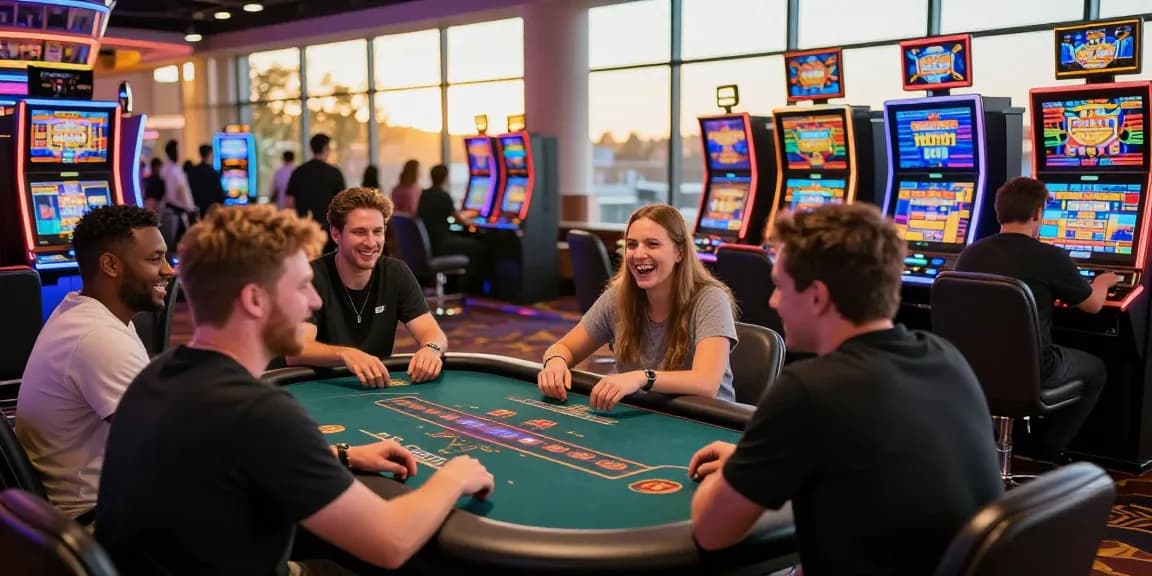 High-energy casino scene featuring players at credit card casinos surrounded by vibrant lights and engaging games.