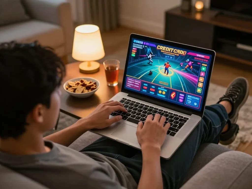 Engaging home gaming session at a credit card casino, player focused on laptop screen with vibrant graphics