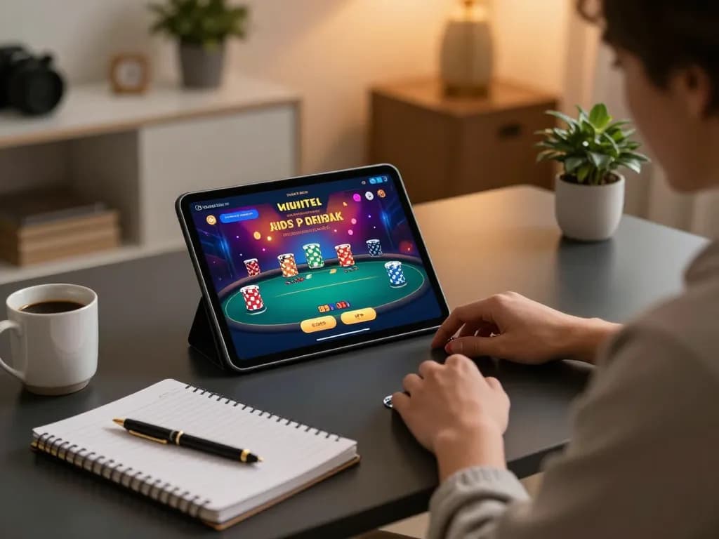 Hello88 online poker gameplay on a tablet highlights strategic gameplay at home.