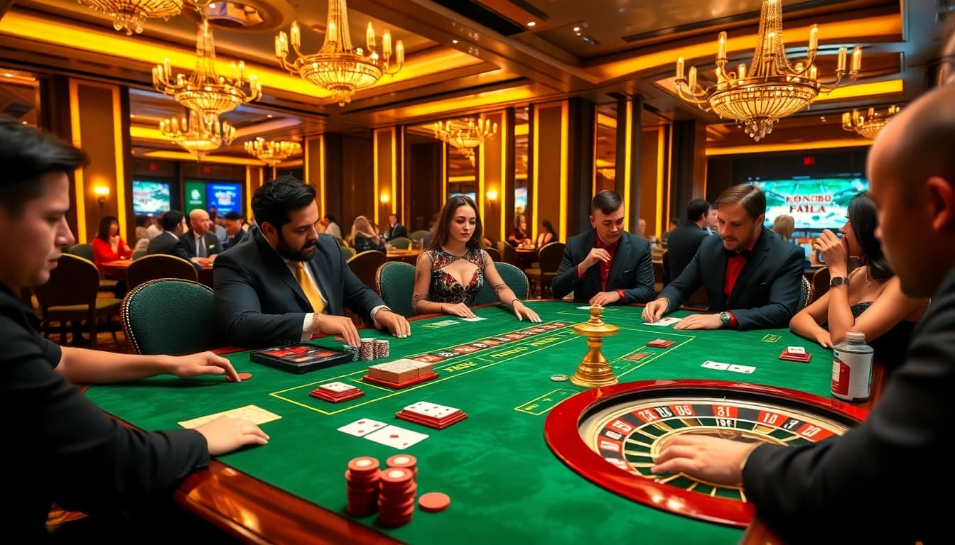 KONG88 excitement captures players at a high-stakes table game with chips and cards.