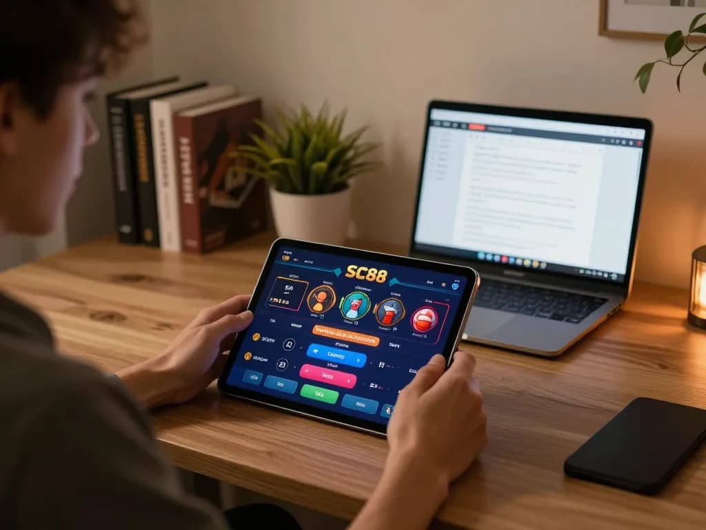 Experience SC88 online casino gaming on a tablet, surrounded by a cozy home atmosphere.