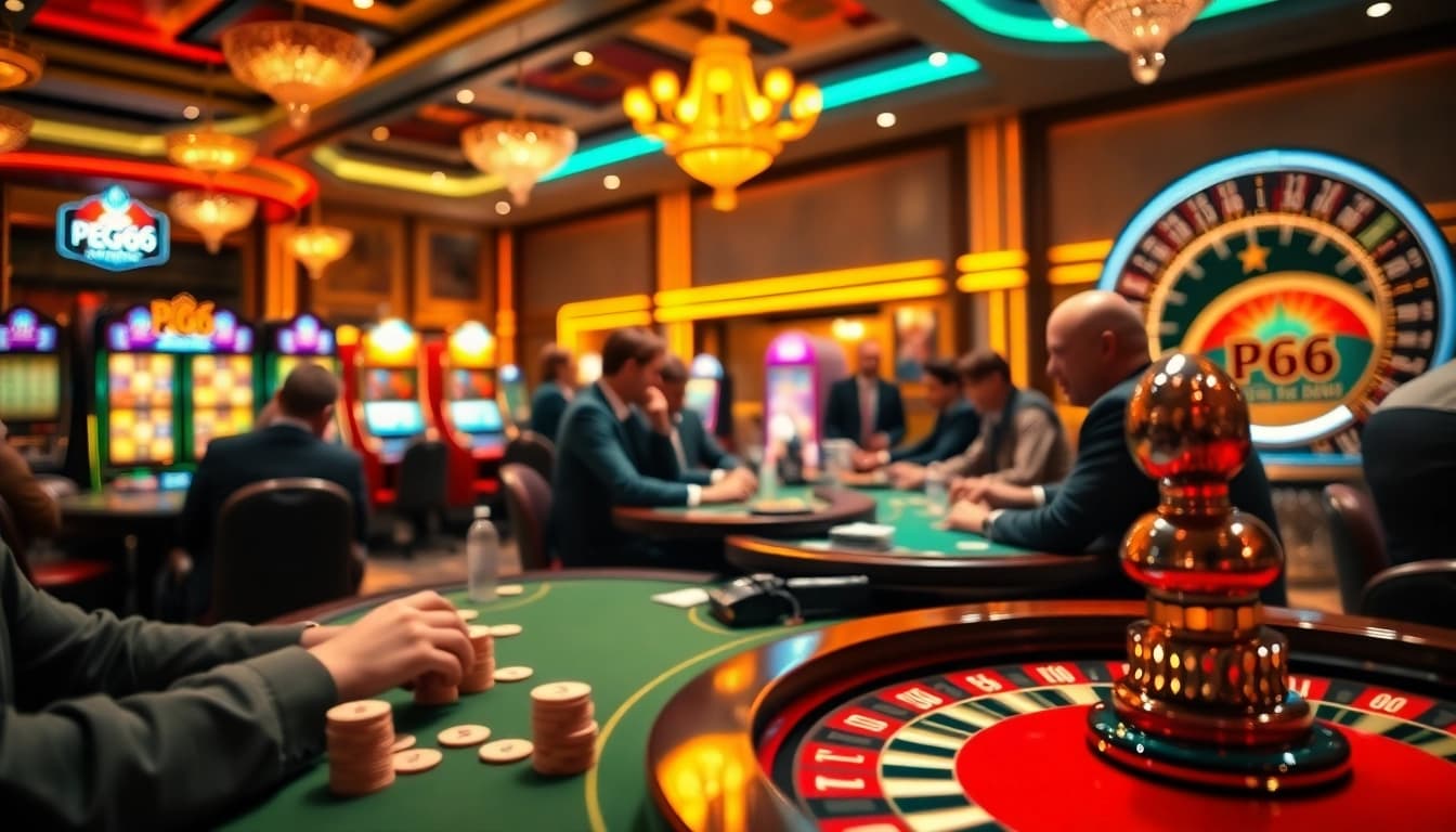 Experience the excitement of PG66 online casino with vibrant gaming tables and colorful slot machines.