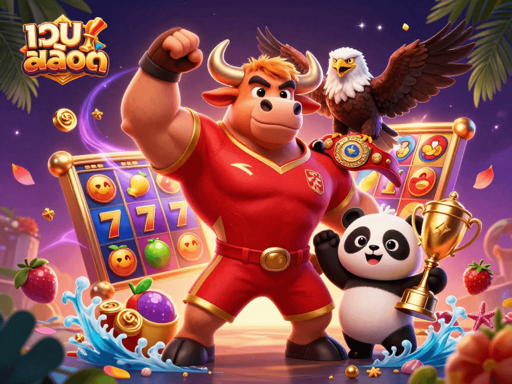 Win big with เว็บสล็อต as a cartoon bull mascot and eagle celebrate with prizes and jackpots!