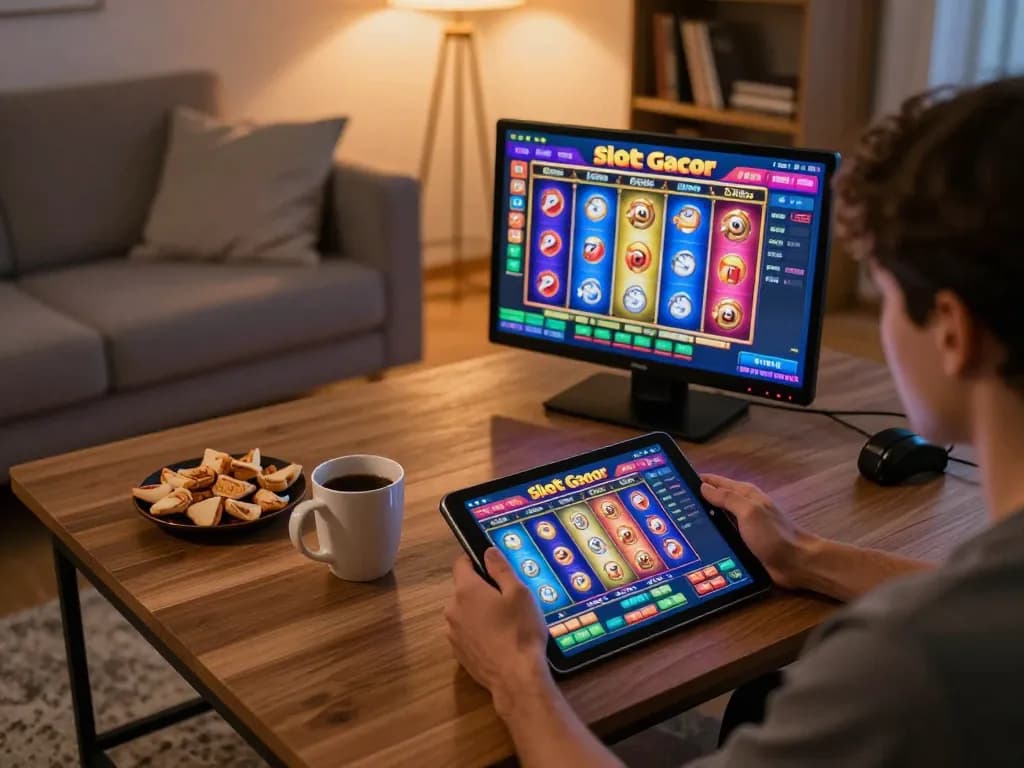 Playing Slot Gacor on a tablet in a cozy gaming setup with snacks and warm lighting.