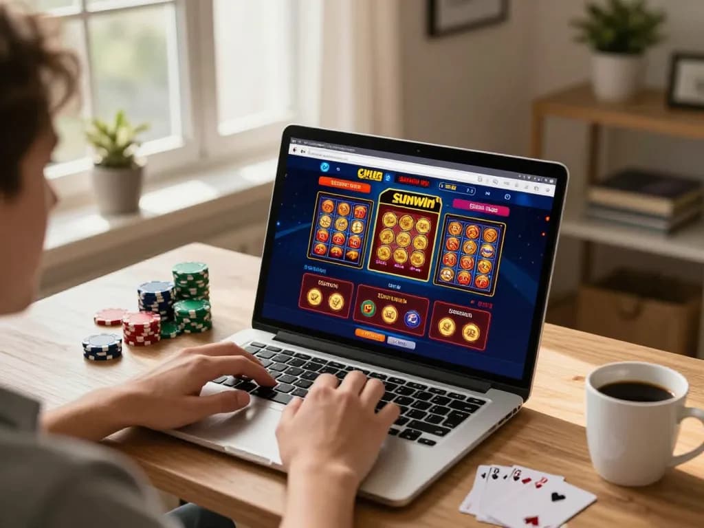 Engaging Sunwin online casino gameplay on a laptop screen in a cozy home office.