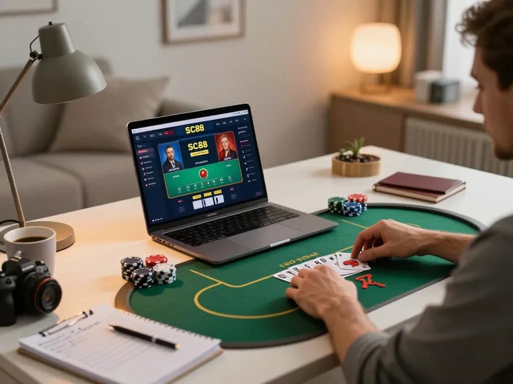 Engaging in SC88 online poker gameplay with dynamic betting and relaxed home setup.