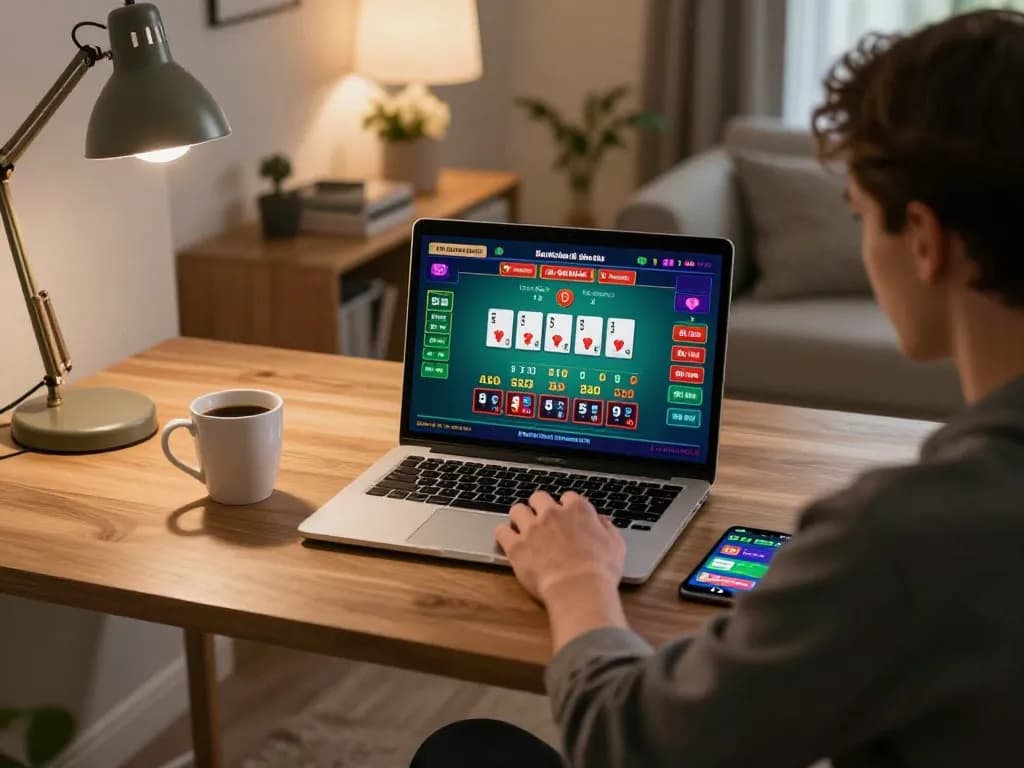 Player engaging with Free No Deposit Casinos while enjoying online blackjack at a cozy home desk