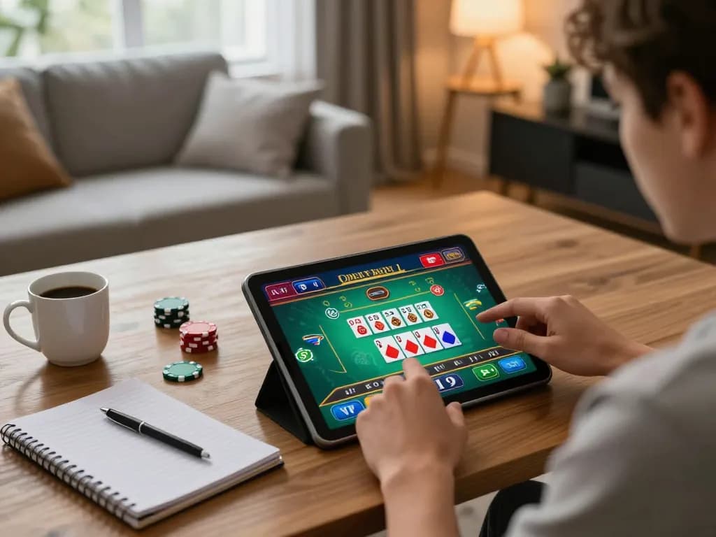 Pemain MPO1221 menikmati permainan poker online di tablet, menampilkan pengaturan rumah yang nyaman.
