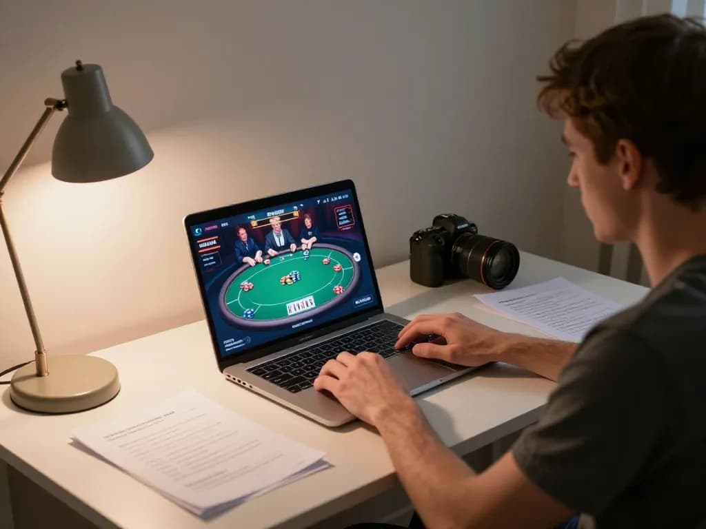 Engaging online poker gaming experience at https://www.dacsandatphanrang.com/ with strategic notes around a laptop.