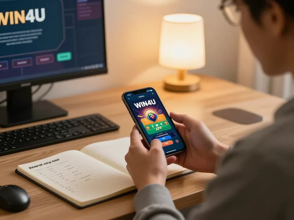 Engaging with the win4u apk for online casino gaming on smartphone in cozy home setting