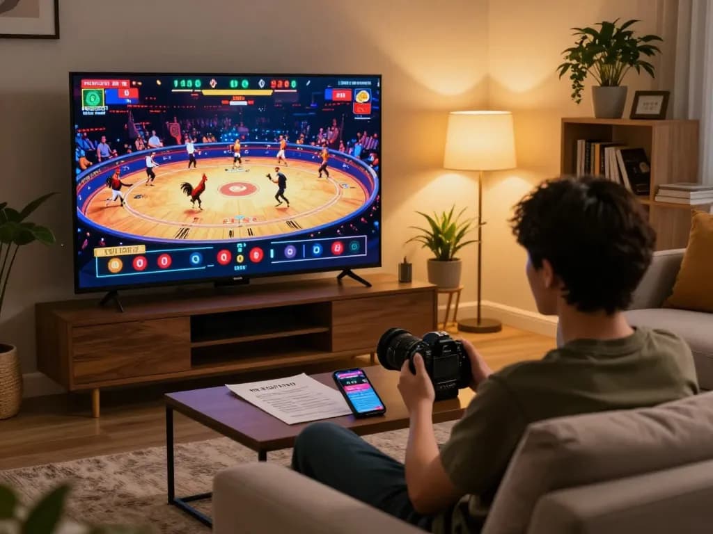 Xem đá gà trực tiếp HD trong một không gian ấm cúng tại nhà, thể hiện trải nghiệm cá cược trực tuyến trong bầu không khí sống động.