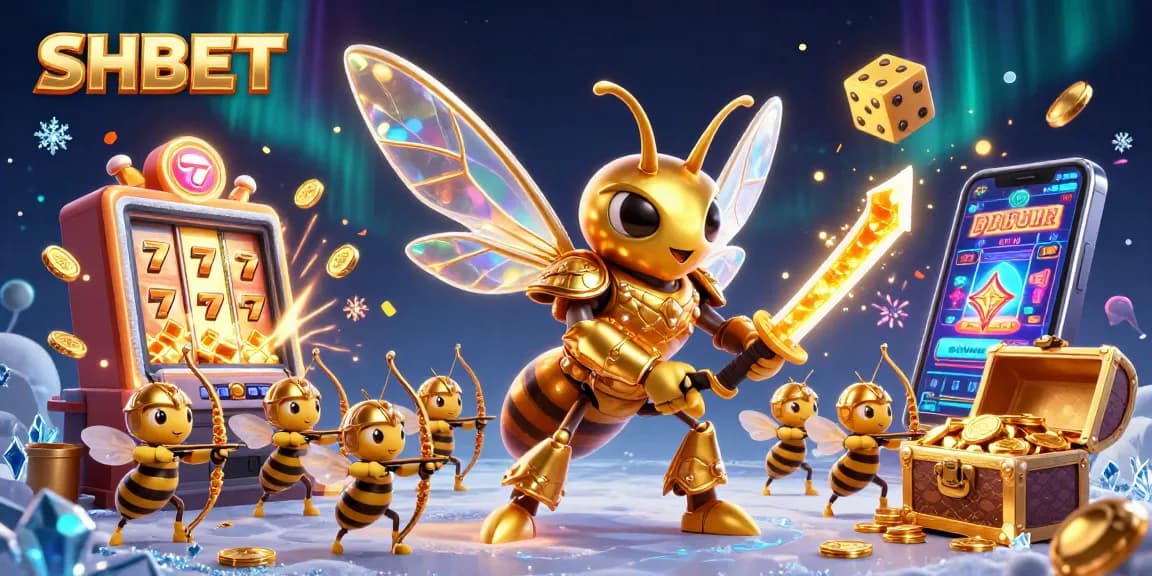 Engage with the vibrant action at SHBET, featuring a golden hornet samurai amidst exploding slot machine jackpots.