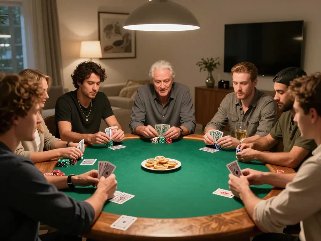 Enjoying a poker night with friends at home, showcasing vipwin atmosphere of friendly competition and strategy.