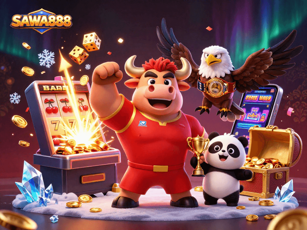 SAWA888 offers exciting slots with the muscular bull mascot celebrating a jackpot victory.