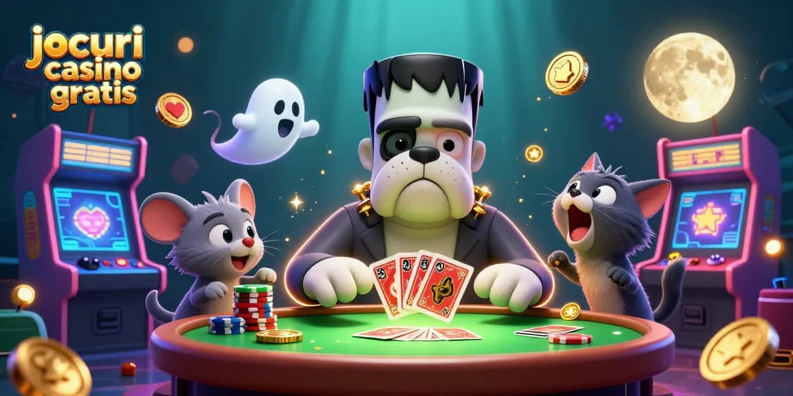 Joacă jocuri casino online gratis cu un câine Frankenstein și o pisică lup, în atmosferă captivantă.