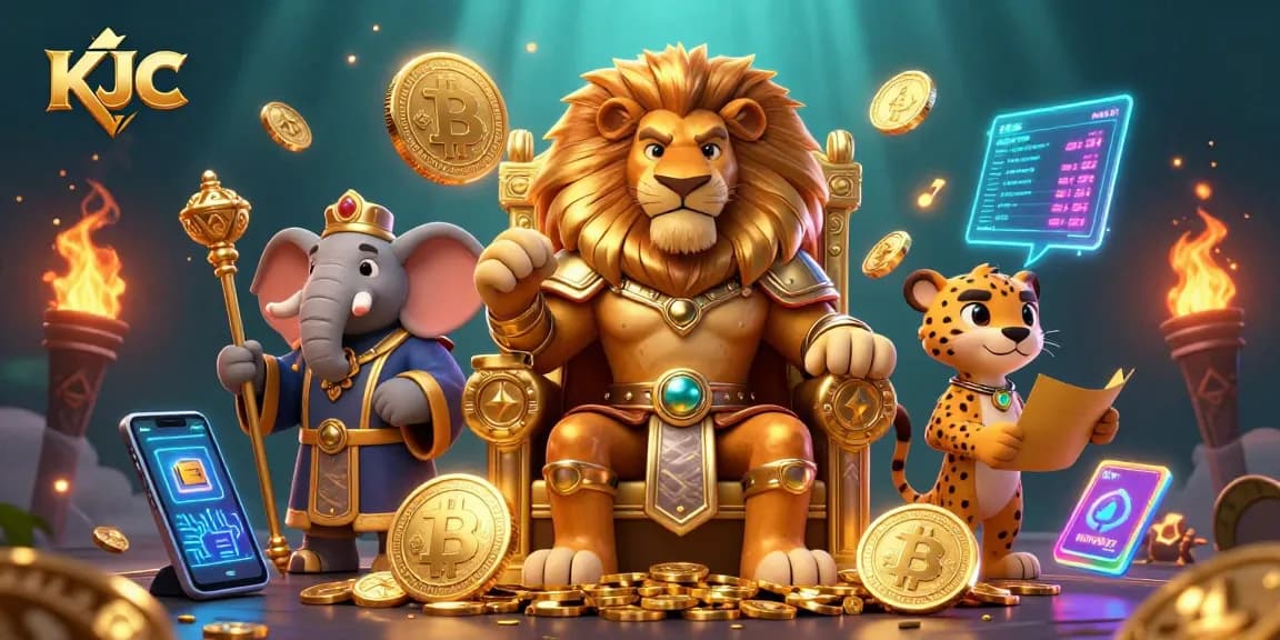 KJC engages players with a vibrant, dynamic casino-themed 3D illustration featuring a lion king and elements of cryptocurrency.