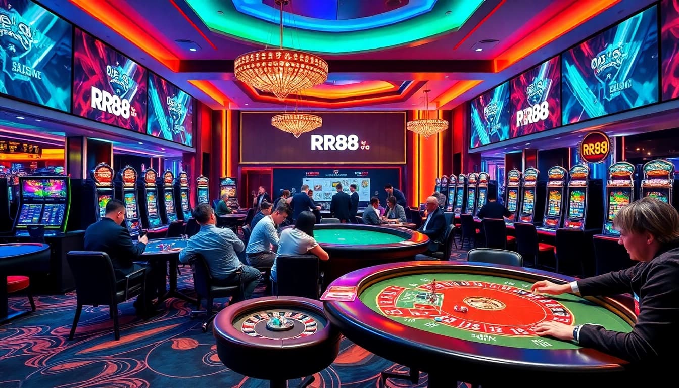 RR88 players enjoying an exciting game at a luxurious casino table with vibrant ambiance