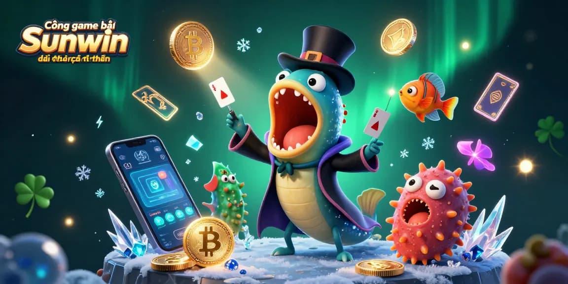 Cổng game bài đổi thưởng Sunwin showcases a magical scene with an eel magician, anglerfish, and sea cucumber in an enchanting underwater casino atmosphere.