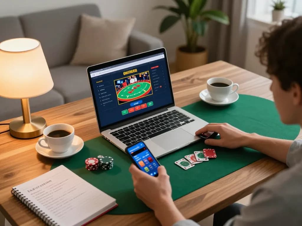 Enjoying gameplay at a credit card casino on a laptop with coffee and strategy notes.