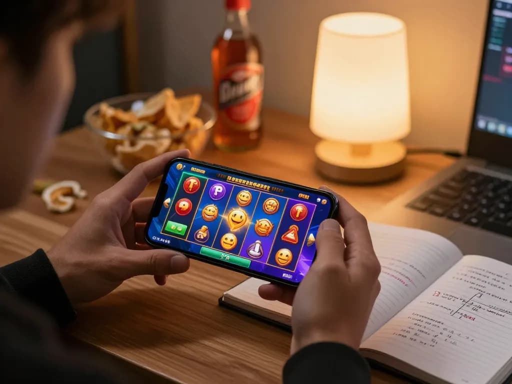Engaging online player enjoying slot 5k game on smartphone in a cozy home setting