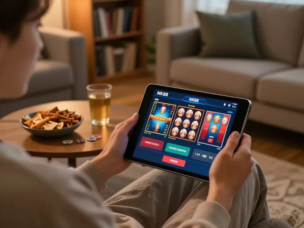Player enjoying online gaming on the NK88 app in a cozy living room setting with engaging gameplay.