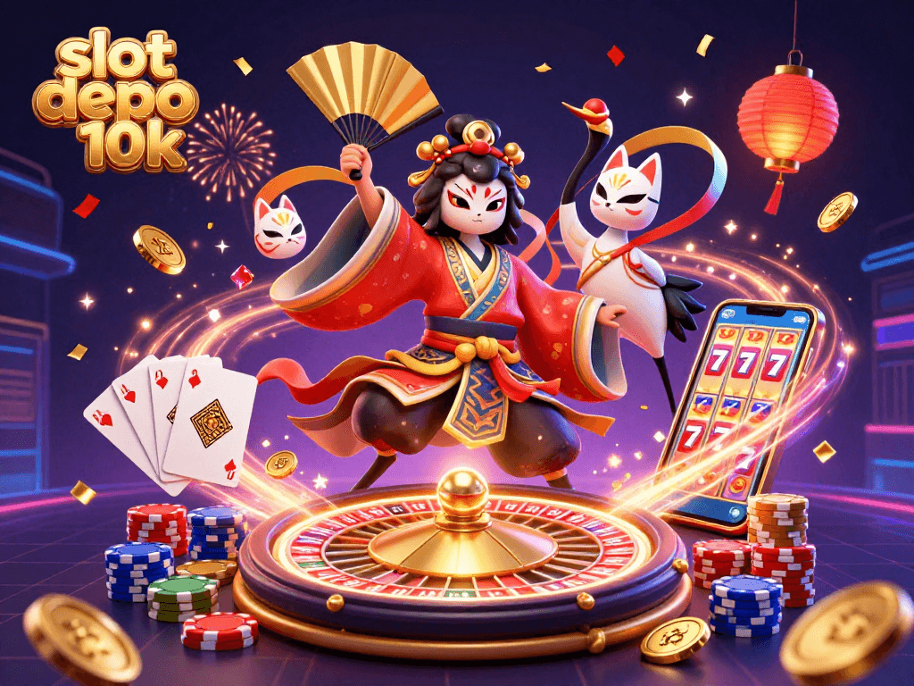 Experience thrilling gameplay with slot depo 10k featuring vibrant characters, coins, and roulette in a casino setting.