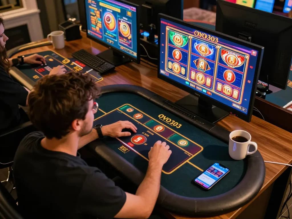 Pemain berinteraksi dengan OVO303 di tablet selama sesi permainan kasino online, menampilkan gameplay yang imersif.