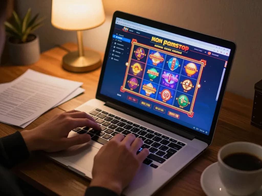 Engaged player exploring non gamstop casinos online with vibrant slot game interface illuminated by warm ambient lighting.