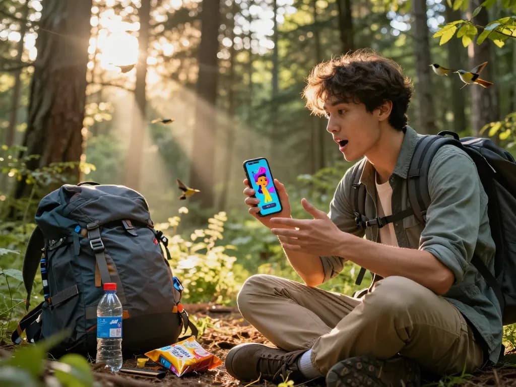 Interactive outdoor adventure with a user and a juicy ai character displayed on a smartphone amidst a forest setting.