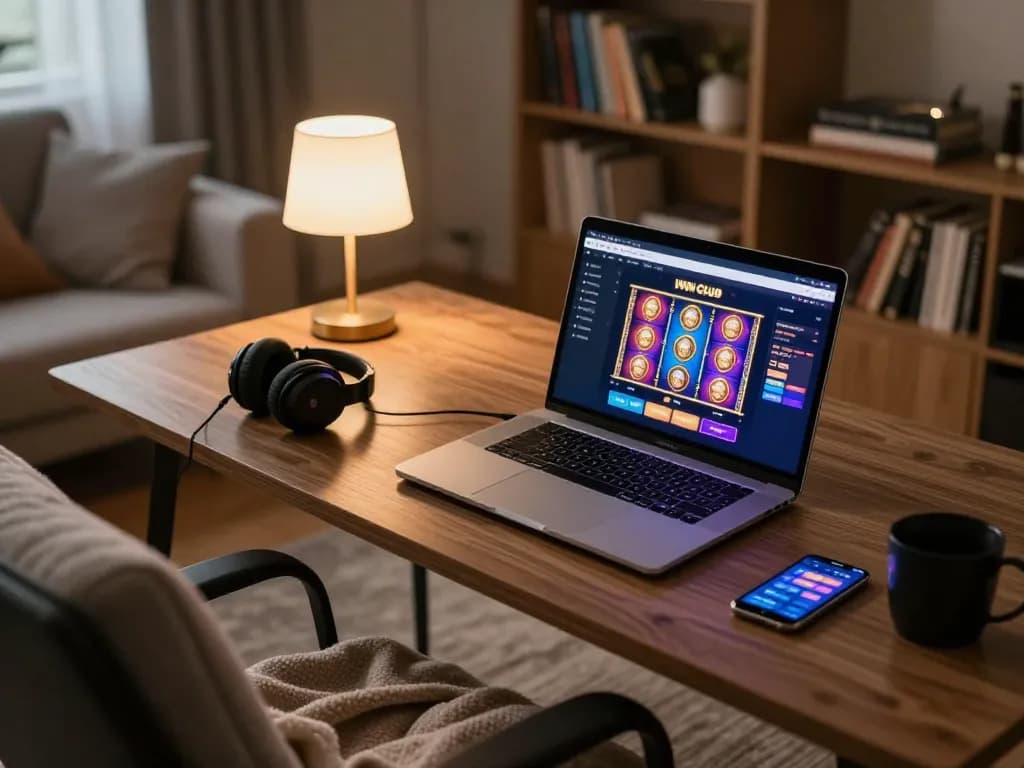 IWIN CLUB gaming setup displayed on a laptop amidst a cozy home environment