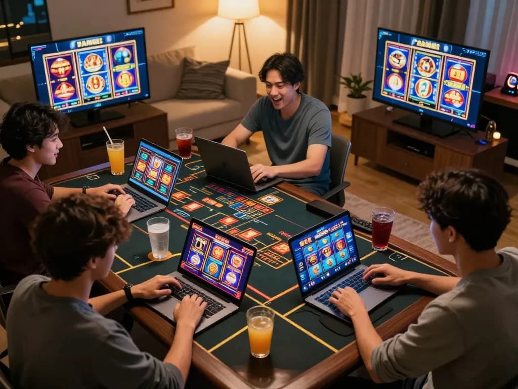 Players enjoying oli4d online games at home, laptops lit up with vibrant graphics, engaging in strategic gambling.
